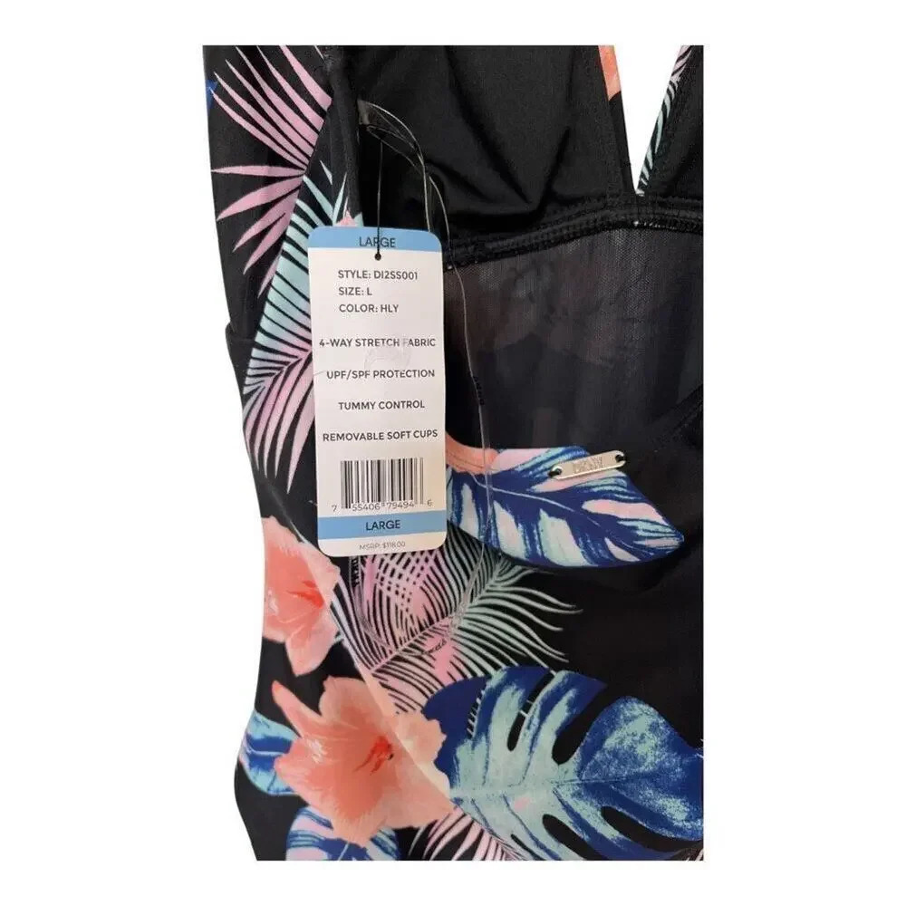 NEW DKNY Women’s Large Halter Shirred Tropical Black Coral Swimsuit NWT‎ - Picture 3 of 4